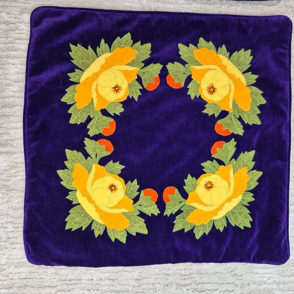 Vintage Applique Embroidered Throw Pillow Covers Deep Purple  Set of 2